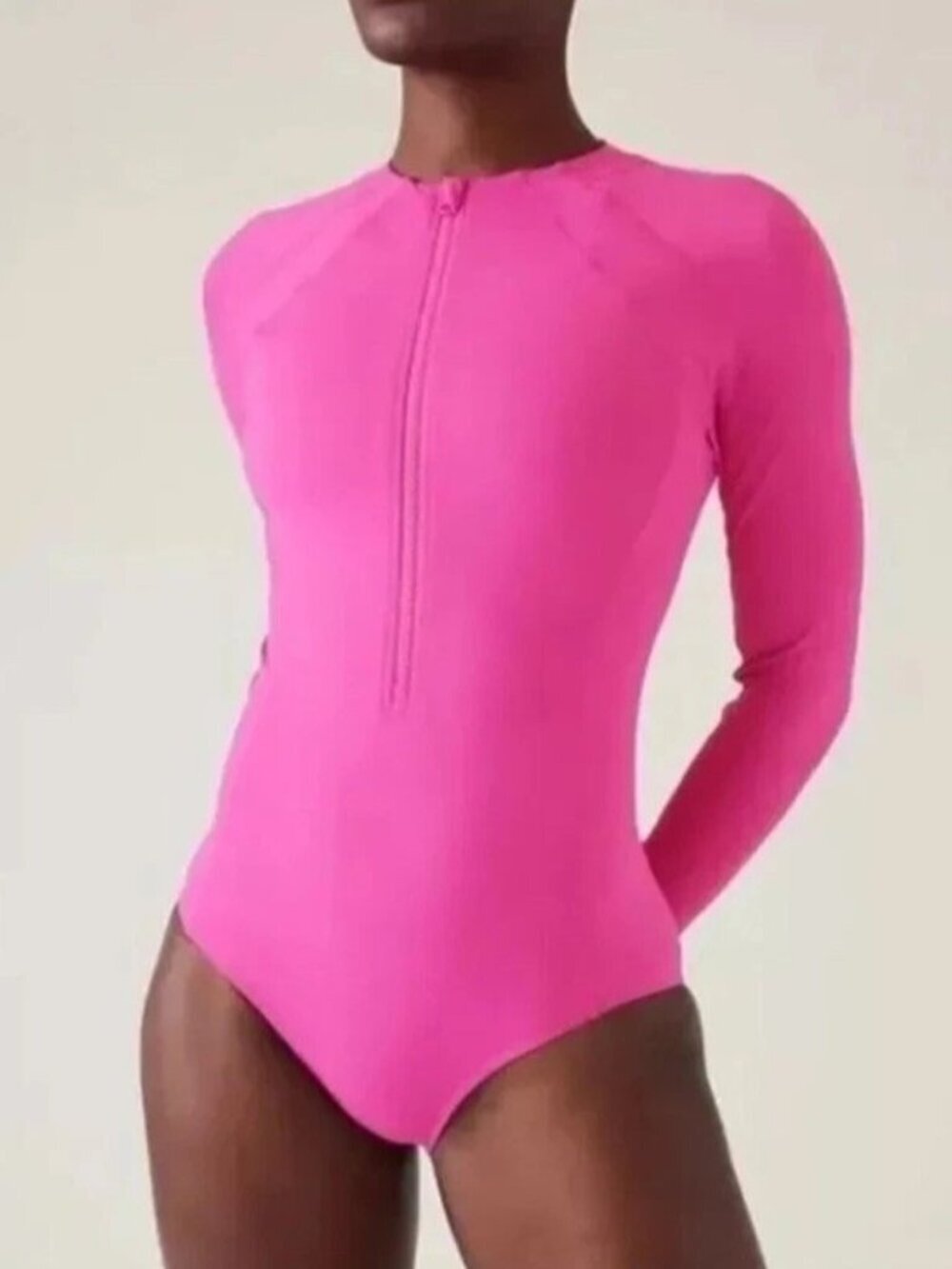 Athleta SUN SHIELD ONE PIECE RASHGUARD 1/2 zip Bodysuit Medium Tall PINK